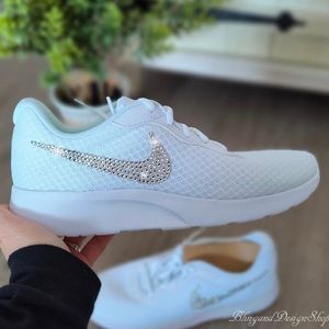 Swarovski women’s Nike Tanjun all white sneakers customized